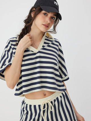 Knit Fabric Color-Blocked Stripes Collar Top & Mid Rise Drawstring Shorts Set For Daily Casual