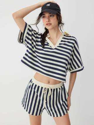 Knit Fabric Color-Blocked Stripes Collar Top & Mid Rise Drawstring Shorts Set For Daily Casual