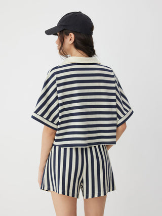 Knit Fabric Color-Blocked Stripes Collar Top & Mid Rise Drawstring Shorts Set For Daily Casual