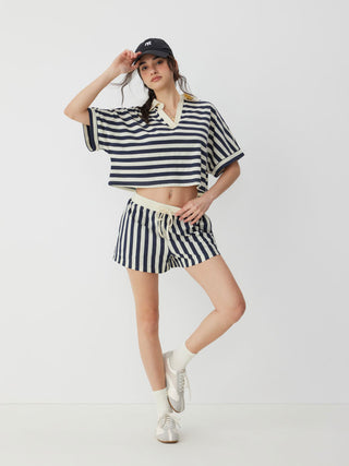 Knit Fabric Color-Blocked Stripes Collar Top & Mid Rise Drawstring Shorts Set For Daily Casual