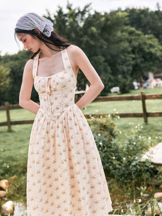 Cotton-blend Sculptural Halter Neck Ditsy Floral Shirred Milkmaid Midi Dress