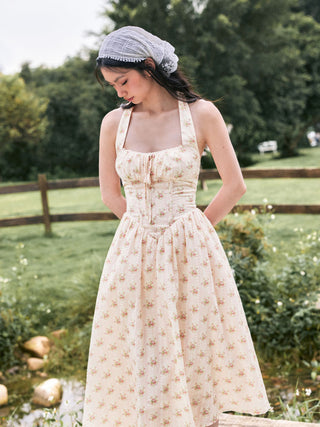 Cotton-blend Sculptural Halter Neck Ditsy Floral Shirred Milkmaid Midi Dress