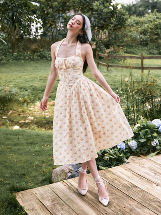 Cotton-blend Sculptural Halter Neck Ditsy Floral Shirred Milkmaid Midi Dress