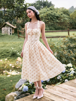 Cotton-blend Sculptural Halter Neck Ditsy Floral Shirred Milkmaid Midi Dress