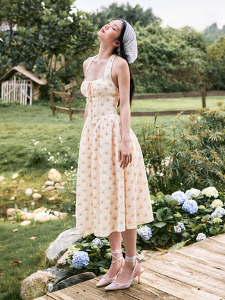 Cotton-blend Sculptural Halter Neck Ditsy Floral Shirred Milkmaid Midi Dress