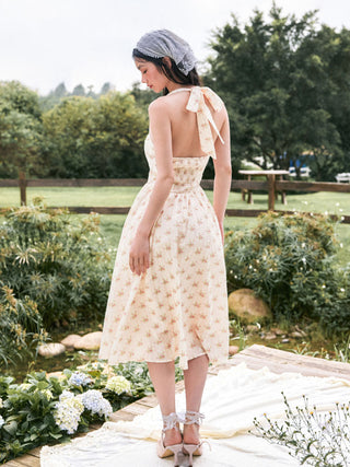 Cotton-blend Sculptural Halter Neck Ditsy Floral Shirred Milkmaid Midi Dress