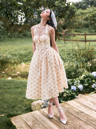 Cotton-blend Sculptural Halter Neck Ditsy Floral Shirred Milkmaid Midi Dress