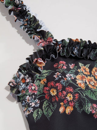 Knit Fabric Square Neck Floral Ruffle Trim One Piece Swimsuit For Vacation Swimming Pool Beach