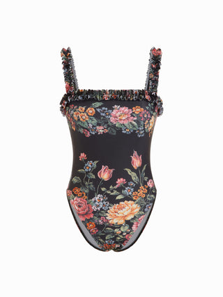 Knit Fabric Square Neck Floral Ruffle Trim One Piece Swimsuit For Vacation Swimming Pool Beach