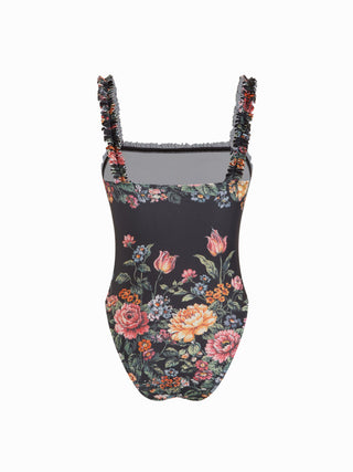 Knit Fabric Square Neck Floral Ruffle Trim One Piece Swimsuit For Vacation Swimming Pool Beach