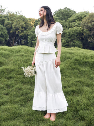 Wide Leg Pants Women Cargo Sequin pants Capri Pant denim cargo pants Woven Cotton-blend Mid Rise Lace Trim Ruffle Wide Leg Trousers For Daily Casual Vacation