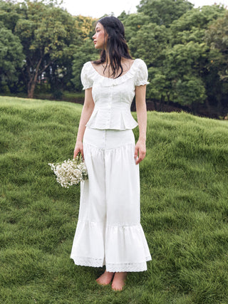 Wide Leg Pants Women Cargo Sequin pants Capri Pant denim cargo pants Woven Cotton-blend Mid Rise Lace Trim Ruffle Wide Leg Trousers For Daily Casual Vacation
