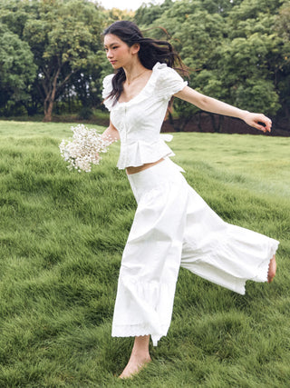 Wide Leg Pants Women Cargo Sequin pants Capri Pant denim cargo pants Woven Cotton-blend Mid Rise Lace Trim Ruffle Wide Leg Trousers For Daily Casual Vacation