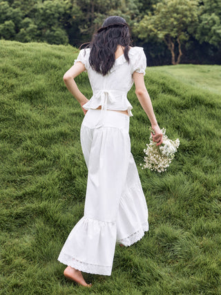Wide Leg Pants Women Cargo Sequin pants Capri Pant denim cargo pants Woven Cotton-blend Mid Rise Lace Trim Ruffle Wide Leg Trousers For Daily Casual Vacation
