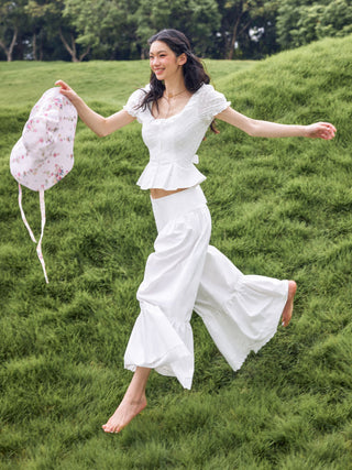Wide Leg Pants Women Cargo Sequin pants Capri Pant denim cargo pants Woven Cotton-blend Mid Rise Lace Trim Ruffle Wide Leg Trousers For Daily Casual Vacation