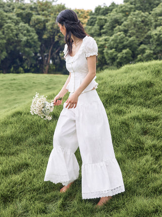 Wide Leg Pants Women Cargo Sequin pants Capri Pant denim cargo pants Woven Cotton-blend Mid Rise Lace Trim Ruffle Wide Leg Trousers For Daily Casual Vacation