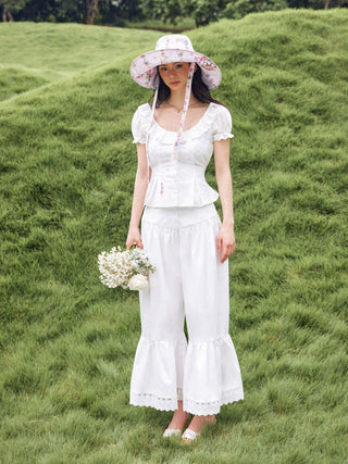 Wide Leg Pants Women Cargo Sequin pants Capri Pant denim cargo pants Woven Cotton-blend Mid Rise Lace Trim Ruffle Wide Leg Trousers For Daily Casual Vacation