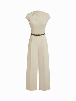 High Neck Draped Mid Rise Wide Leg Jumpsuit With Belt