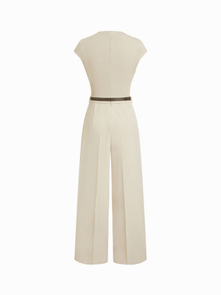 High Neck Draped Mid Rise Wide Leg Jumpsuit With Belt