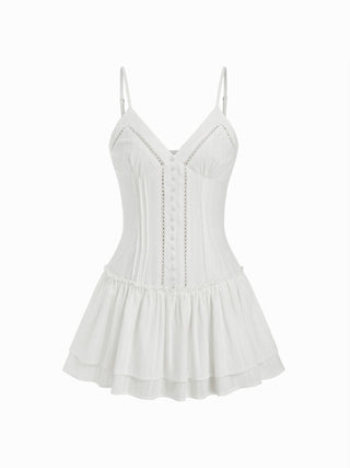 Cotton-blend V-neck Lace Panel Corset Ruffle Hem Flared Cami Mini Dress