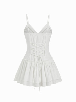 Cotton-blend V-neck Lace Panel Corset Ruffle Hem Flared Cami Mini Dress