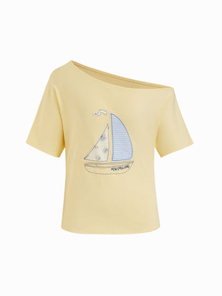 Cotton-blend Off-shoulder Sailing Graphic Embroidery Oversized Tee