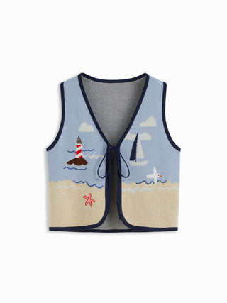 Knit Cotton-blend Beach Scenery Graphic Embroidery Tie Front Vest