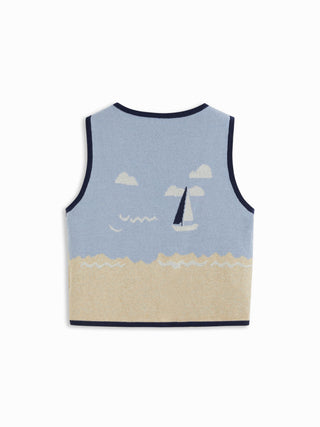 Knit Cotton-blend Beach Scenery Graphic Embroidery Tie Front Vest
