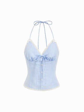 Cotton-blend Striped Halter Neckline Twist Knotted Lace Trim Bowknot Cami Blouse