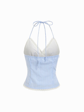 Cotton-blend Striped Halter Neckline Twist Knotted Lace Trim Bowknot Cami Blouse