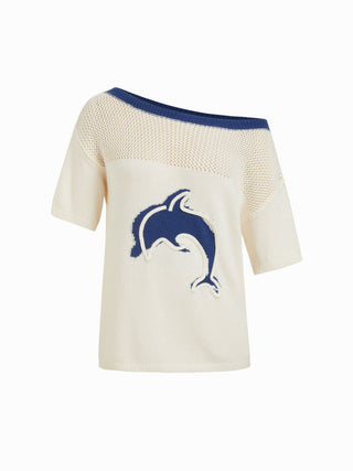 Knit Cotton-blend Crochet Dolphin Graphic Boat Neck Oversized Short Sleeve Top