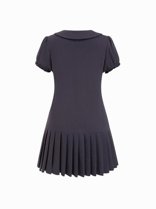 Cotton-blend Polo Peter Pan Collar Puff Sleeve Ruffled Pleated Shirt Mini Dress