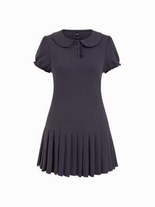 Cotton-blend Polo Peter Pan Collar Puff Sleeve Ruffled Pleated Shirt Mini Dress