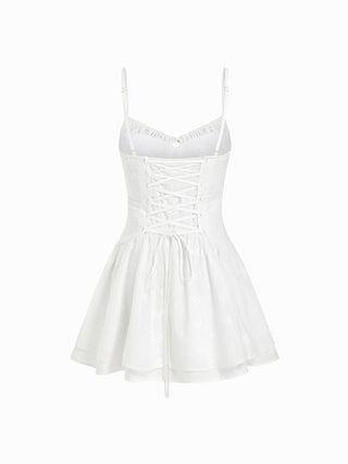 Cotton-blend Broderie Anglaise V-neck Lace Up Ruched A-line Mini Dress