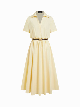 Cotton-blend Collar Shirt Maxi Dress With Metal Detail Belt
