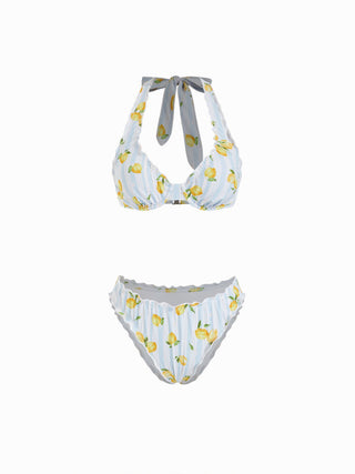 Knit Fabric Halter Neckline Lemon Striped Lettuce Trim Low Rise Bikini Set For Vacation Swimming Pool Beach