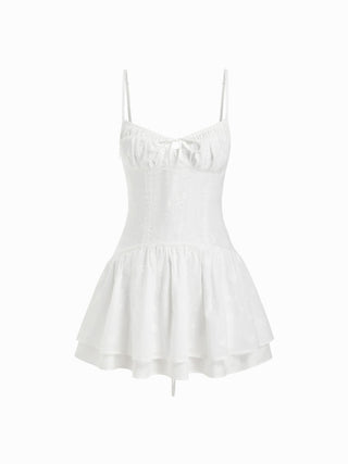 Cotton-blend Broderie Anglaise V-neck Lace Up Ruched A-line Mini Dress