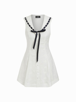 Cotton Broderie Anglaise Contrast Bowknot Flared Mini Dress