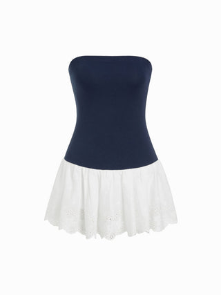 Cotton-blend Colorblock Broderie Anglaise A-line Mini Dress