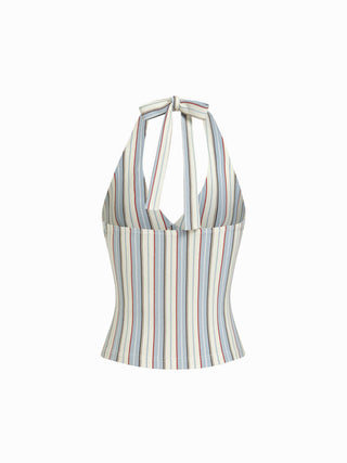Cotton-blend Striped Halter Neck Backless Top
