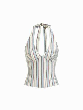 Cotton-blend Striped Halter Neck Backless Top