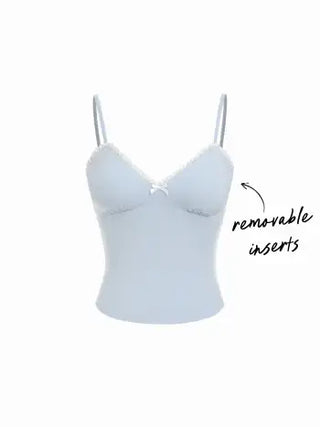 Cotton-blend V-neck Lace Trim Ruched Bowknot Cami Top