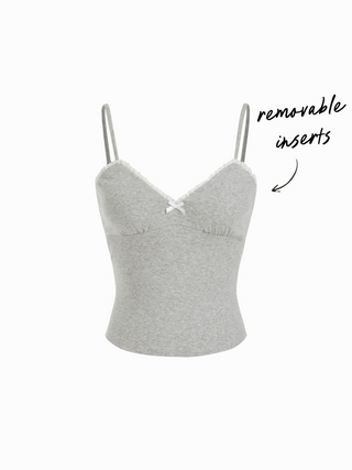 Cotton-blend V-neck Lace Trim Ruched Bowknot Cami Top