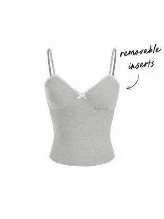 Cotton-blend V-neck Lace Trim Ruched Bowknot Cami Top