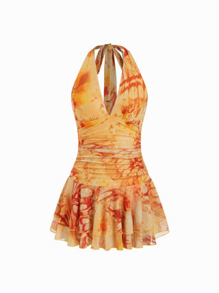 Mesh Mesh Abstract Halter Neckline Ruffled Low Rise A-line Mini Dress For Music Festival/Live House Vacation