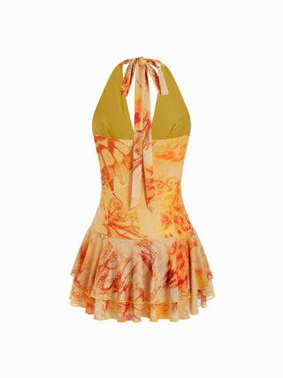 Mesh Mesh Abstract Halter Neckline Ruffled Low Rise A-line Mini Dress For Music Festival/Live House Vacation