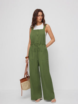 Woven Linen-blend Square Neck Mid Rise Drawstring Oversized Wide Leg Jumpsuit For Daily Casual Vacation