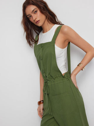 Woven Linen-blend Square Neck Mid Rise Drawstring Oversized Wide Leg Jumpsuit For Daily Casual Vacation