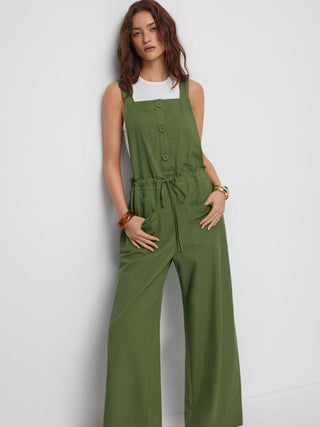 Woven Linen-blend Square Neck Mid Rise Drawstring Oversized Wide Leg Jumpsuit For Daily Casual Vacation