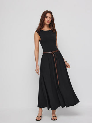 High Stretch Boat Neck Pocket A-line Maxi Dress With Belt
